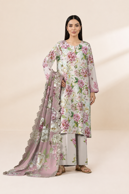 3 PIECE - DIGITAL PRINTED EMBROIDERED LAWN SUIT (Unstitched)