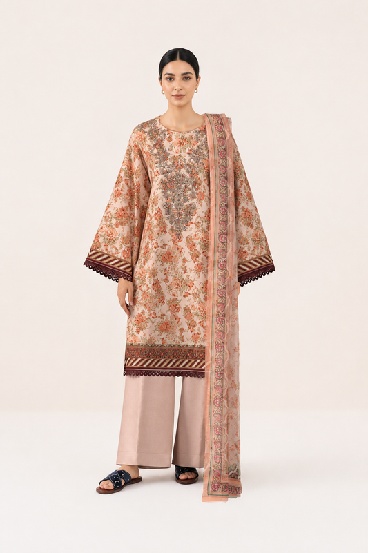 3 PIECE - DIGITAL PRINTED EMBROIDERED LAWN SUIT (Unstitched)