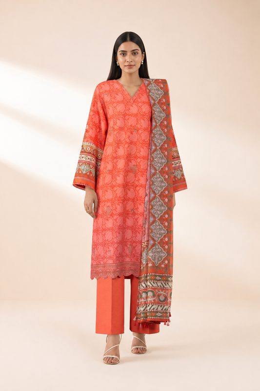 3 PIECE - DIGITAL PRINTED EMBROIDERED LAWN SUIT (Unstitched)