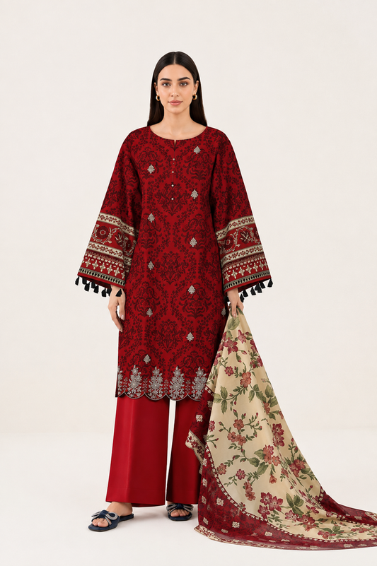3 PIECE - DIGITAL PRINTED EMBROIDERED LAWN SUIT (Unstitched)