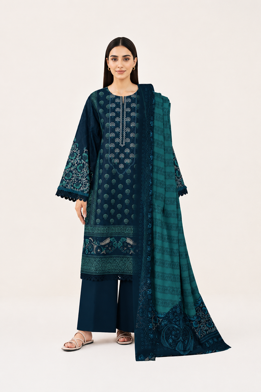 3 PIECE - DIGITAL PRINTED EMBROIDERED LAWN SUIT (Unstitched)