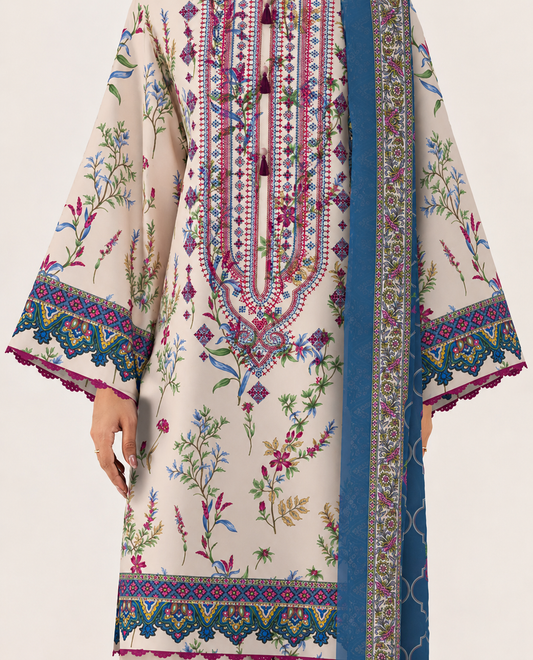 3 PIECE - DIGITAL PRINTED EMBROIDERED LAWN SUIT (Unstitched)