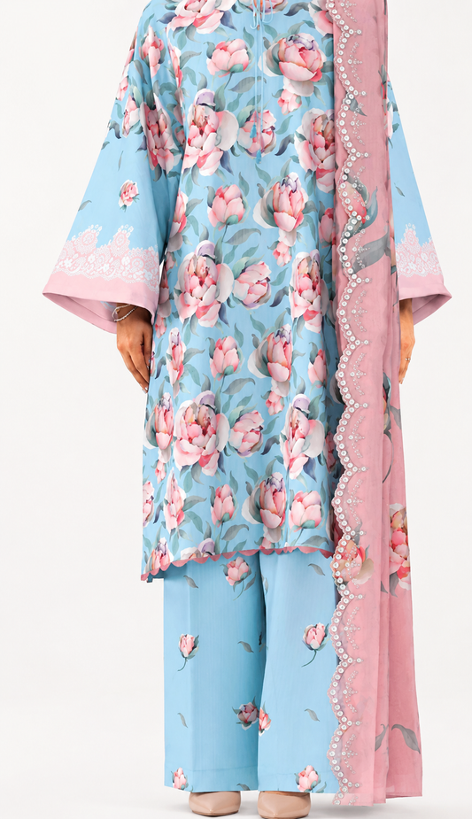 3 PIECE - DIGITAL PRINTED EMBROIDERED LAWN SUIT (Unstitched)