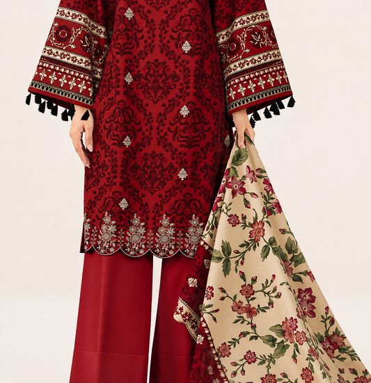 3 PIECE - DIGITAL PRINTED EMBROIDERED LAWN SUIT (Unstitched)