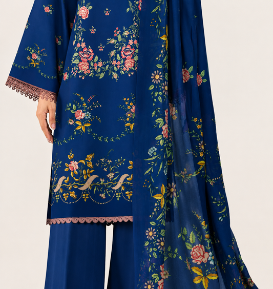 3 PIECE - DIGITAL PRINTED EMBROIDERED LAWN SUIT (Unstitched)