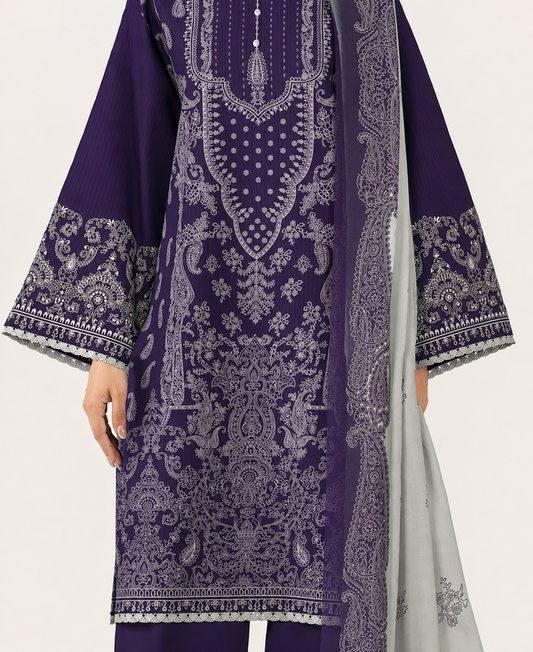3 PIECE - DIGITAL PRINTED EMBROIDERED LAWN SUIT (Unstitched)