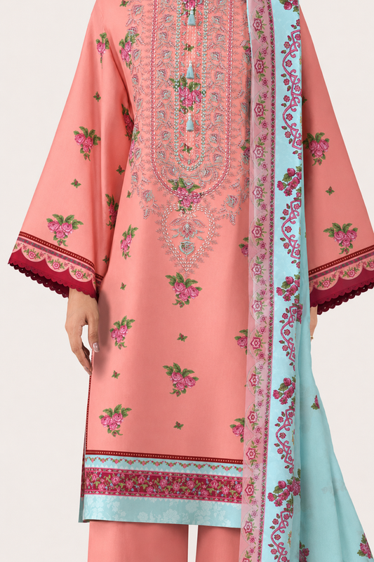 3 PIECE - DIGITAL PRINTED EMBROIDERED LAWN SUIT (Unstitched)