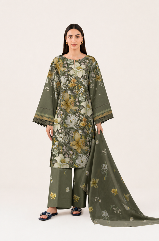 3 PIECE - DIGITAL PRINTED EMBROIDERED LAWN SUIT (Unstitched)