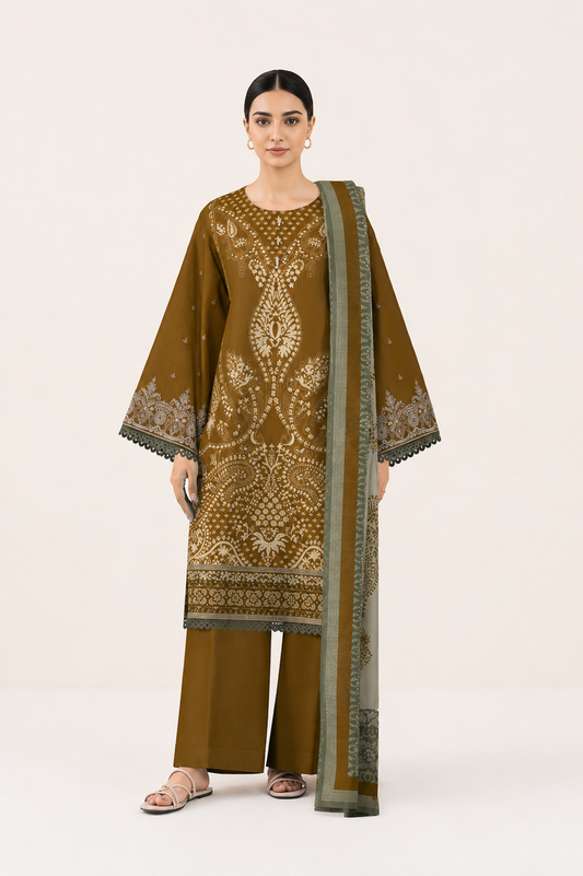 3 PIECE - DIGITAL PRINTED EMBROIDERED LAWN SUIT (Unstitched)