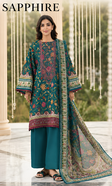 3 PIECE - DIGITAL PRINTED EMBROIDERED LAWN SUIT (Unstitched)