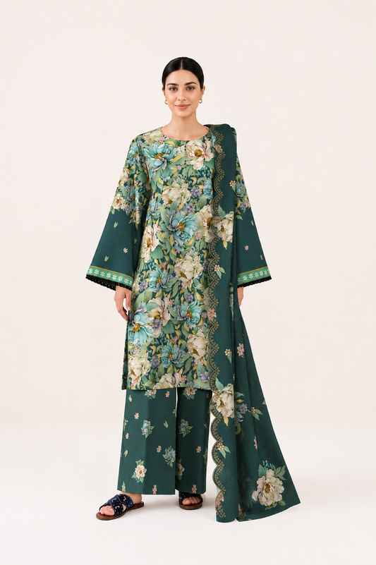 3 PIECE - DIGITAL PRINTED EMBROIDERED LAWN SUIT (Unstitched)