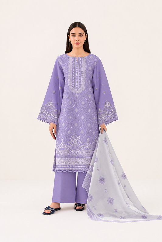 3 PIECE - DIGITAL PRINTED EMBROIDERED LAWN SUIT (Unstitched)